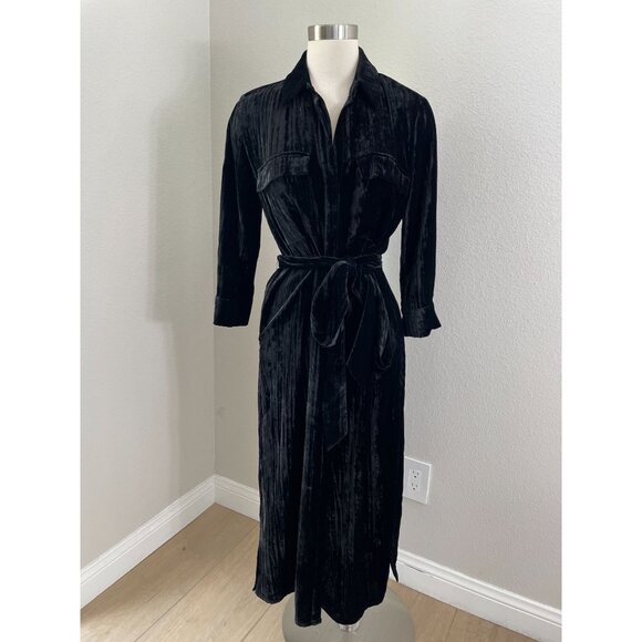 L'Agence Womens XS Black Velvet Belted Midi Shirt Dress Long Sleeve - Picture 1 of 13